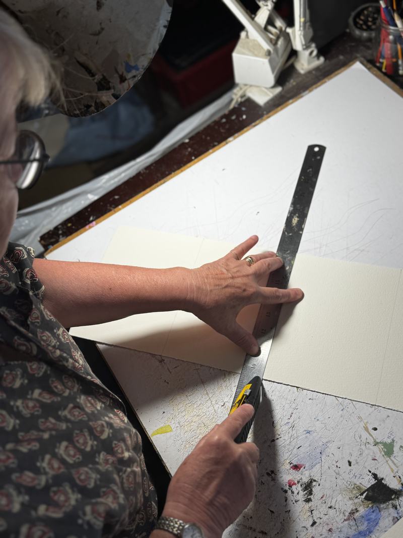 Ruth End at work, printmaking in her studio. Photography by Naomi Ness.